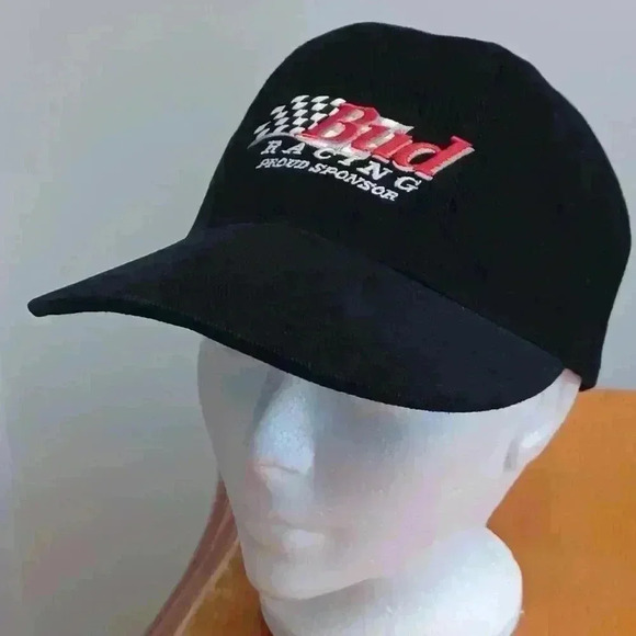 Bud  Racing Vintage 90s Strapback Cap Hat Budweiser Beer Black Baseball - Picture 1 of 8